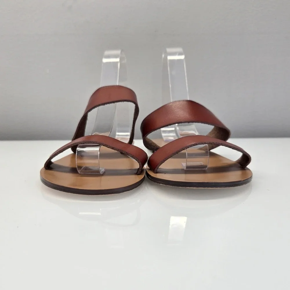 J Crew Slip On Slide Flat Sandals Women 9 Brown Double Strap Minimalist‎ Coastal